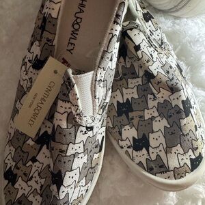 Cynthia Rowley Kids Cat Print Slip-On Sneakers - Black, White, Tan